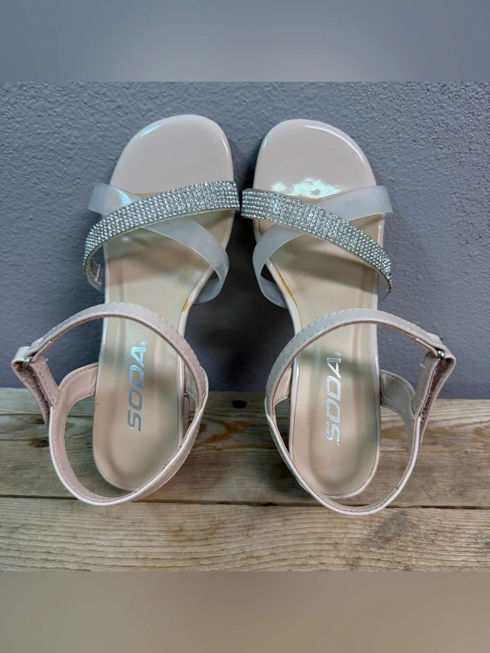 Rhinestone Ankle-Strap Sandals in light peach